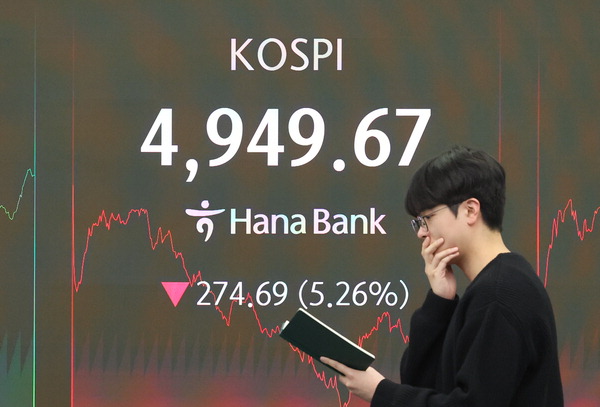 미국 증시 여파로 코스피 5000선이 깨진 2일 서울 중구 하나은행 딜링룸 현황판에 코스피 종가가 표시돼있다. 이날 코스피는 전장보다 274.69포인트(5.26%) 내린 4949.67, 코스닥 지수도 51.80포인트