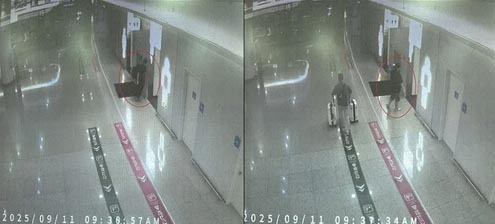 지난해 9월 인천국제공항 화장실에서 이들 일당이 케타민을 전달하는 모습. 부산지검 제공