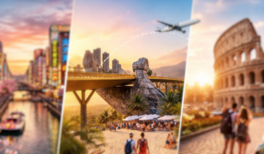 오사카·다낭·로마 등 주요 여행지를 한 화면에 담은 2025년 여행 트렌드.