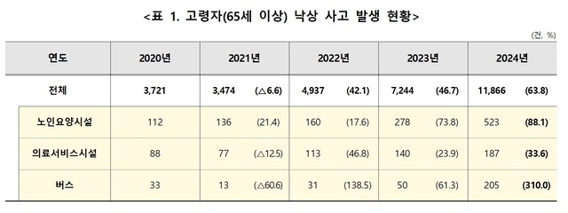 65세 이상 고령자 낙상 사고 발생 현황. 한국소비자원