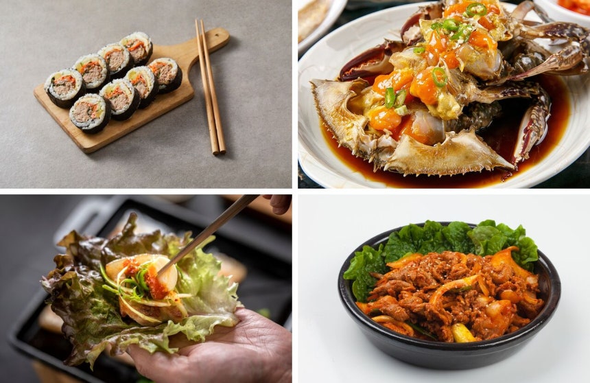 왼쪽 위부터 시계방향으로 참치김밥,게장,제육볶음,상추쌈.클립아트코리아