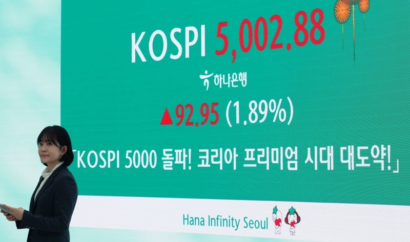 22일 증시가 달아오르며 코스피지수가 장중 5000선을 넘어섰다.[사진｜뉴시스]