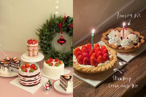 (왼쪽) 제인메이드 카페 크리스마스 케이크.이서현 기자,(오른쪽) 우디드 커피 제공