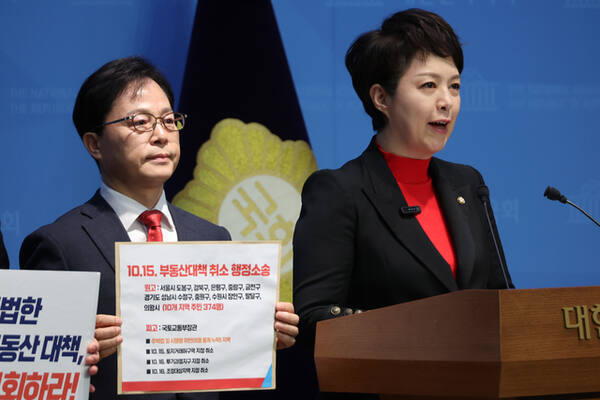 지난 26일 김은혜 국민의힘 의원이 국회 소통관에서 10·15 부동산대책에 대한 행정 처분 취소 소송 이유를 설명하는 기자회견을 하고 있다. 연합뉴스