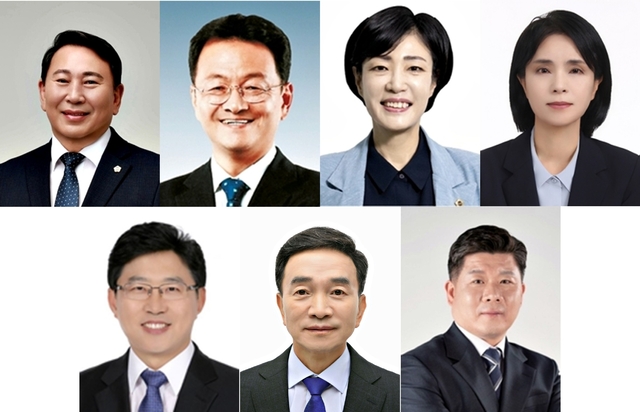 더불어민주당 고양시장 후보 경선에 참가할 예비후보 7인. 왼쪽 위부터(가나다순) 명재성·민경선·이경혜·이영아, 왼쪽 아래부터 장제환·정병춘·최승원 예비후보. 각 후보 제공