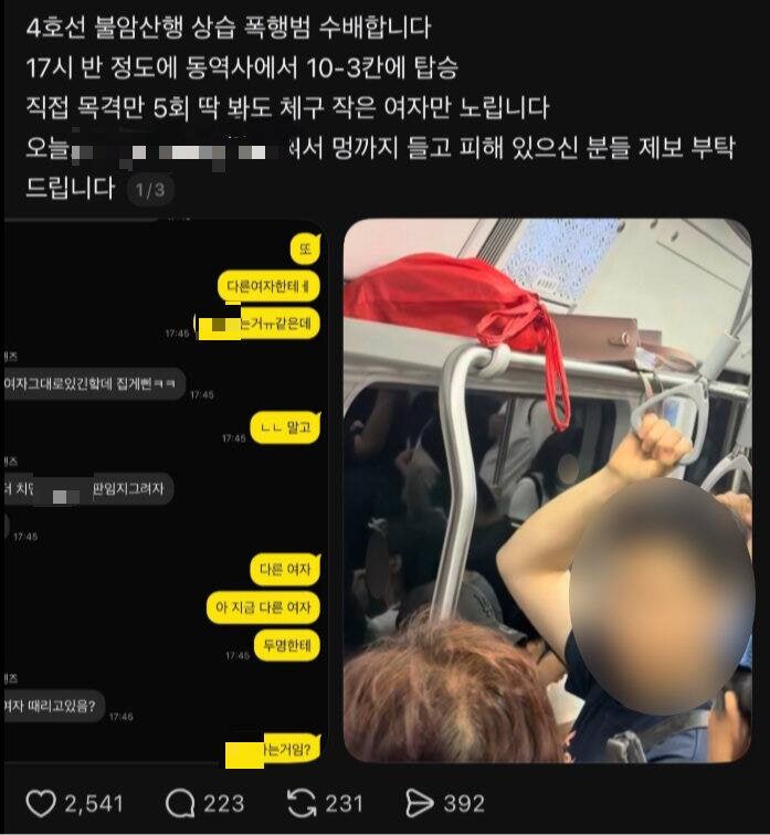 “여성만 상습 폭행” 4호선 남성, 모친이 사진 확인 후 직접 신고